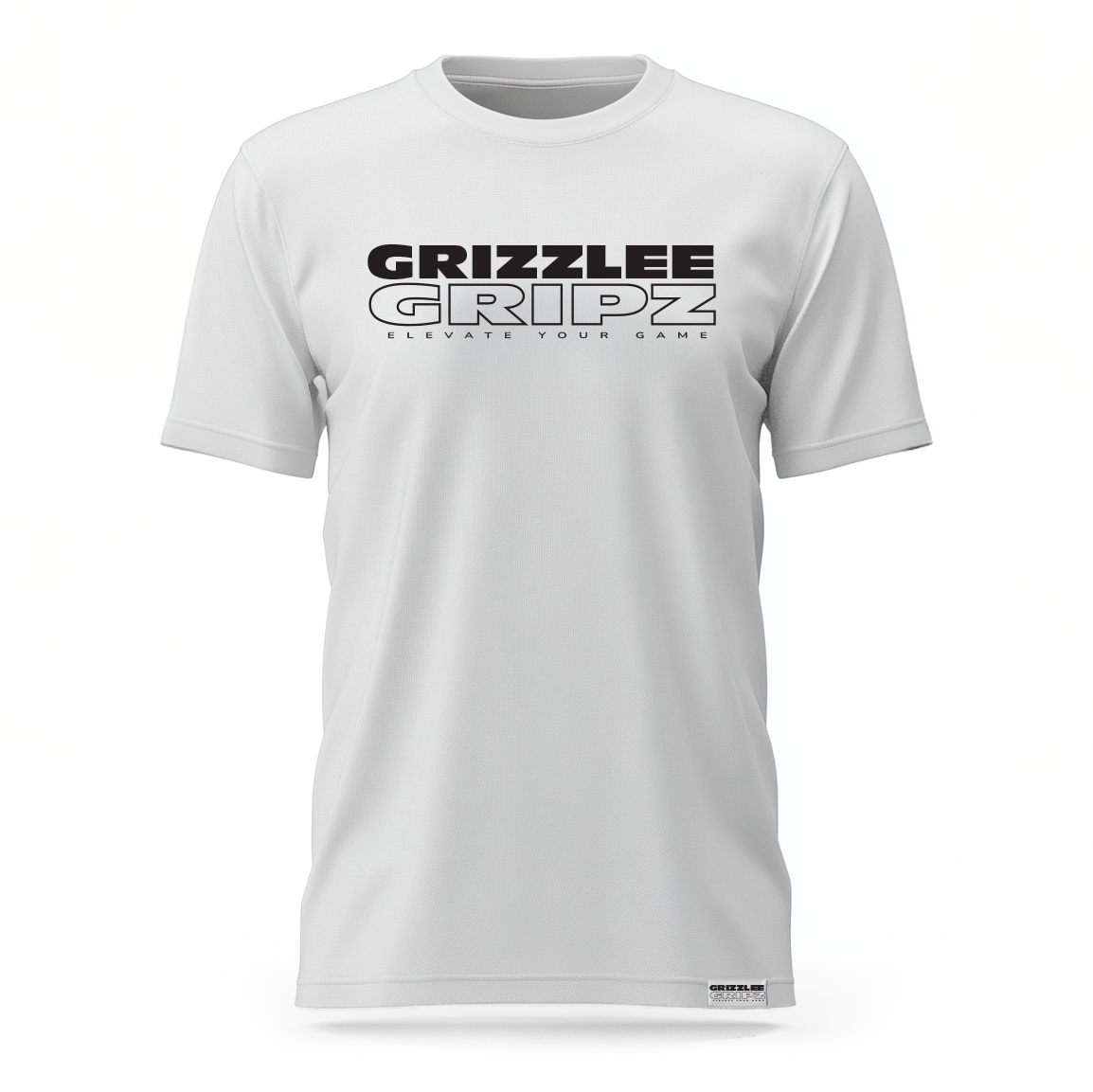 white branding t-shirt with black colored font on the front by Grizzlee Gripz