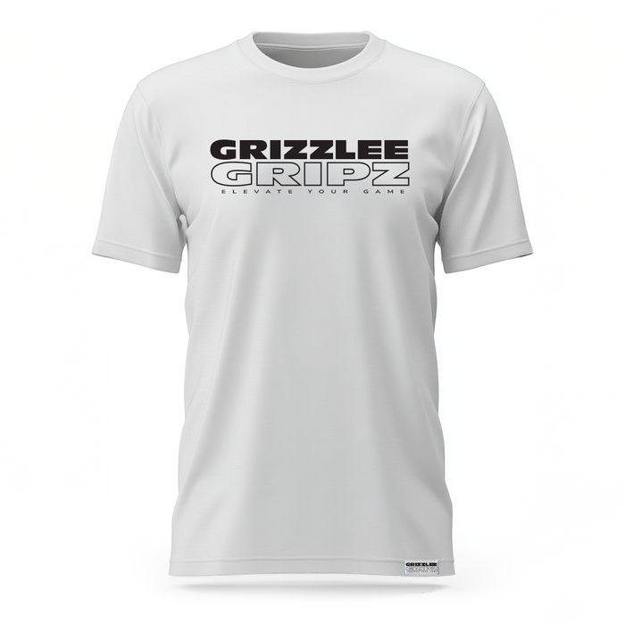 white branding t-shirt with black colored font on the front by Grizzlee Gripz