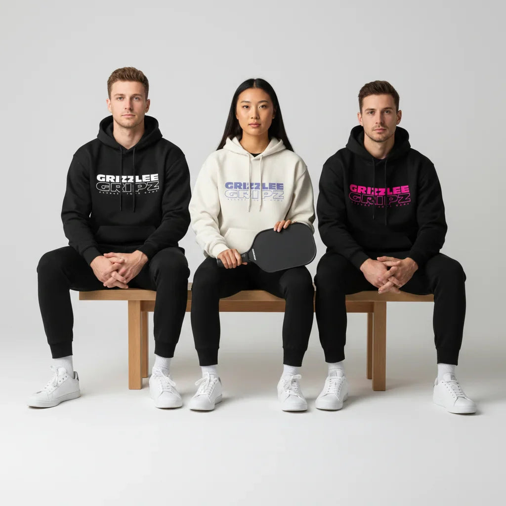 3 athletes sitting on a bench in almost the same pose , looking at the camera, all wearing Grizzlee Gripz Hoodies