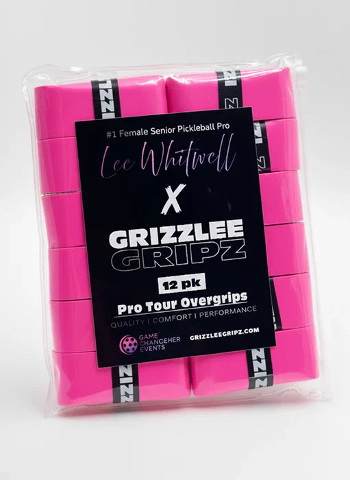 Lee Whitwell collab with Grizzlee Gripz label in black on a plastic transparent zip bag that is holding 12 neon pink pickleball paddle overgrips