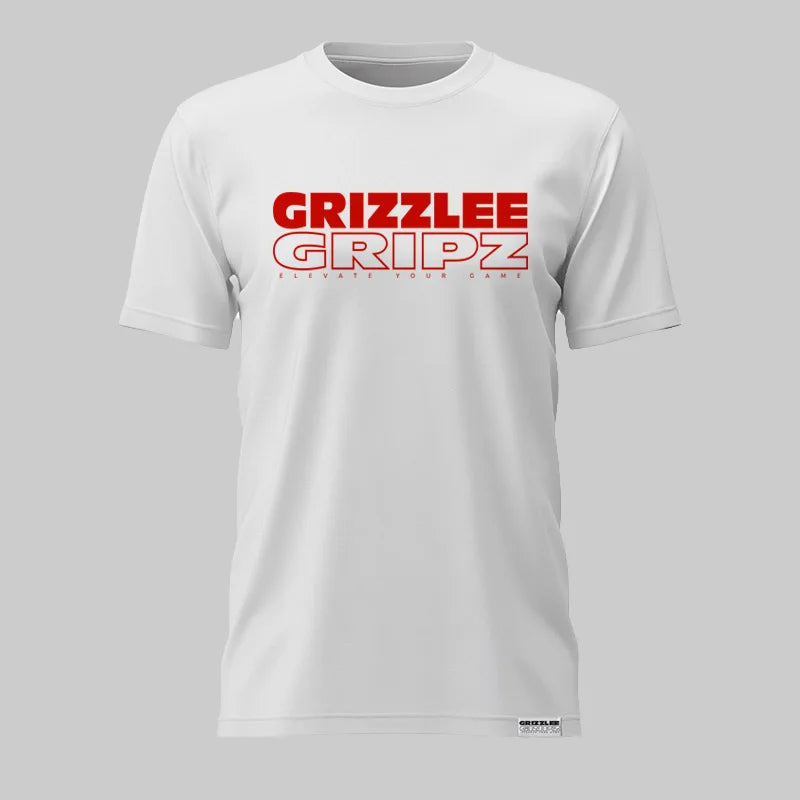 White t-shirt with Red 'GRIZZLEE GRIPZ' text on a gray background