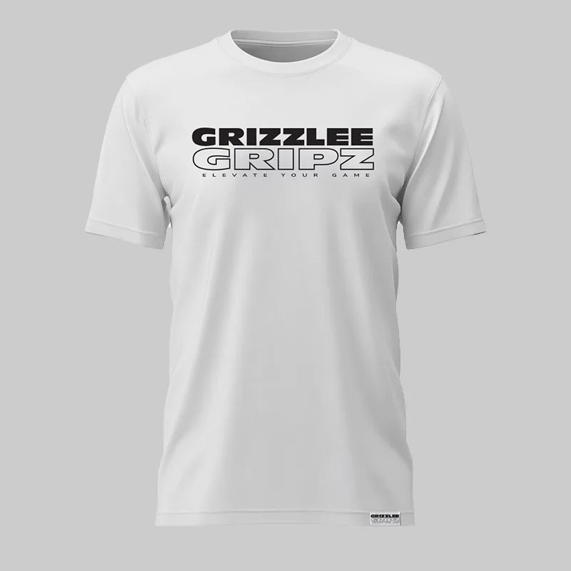 White t-shirt with 'Grizzlee Gripz' Black logo on a gray background