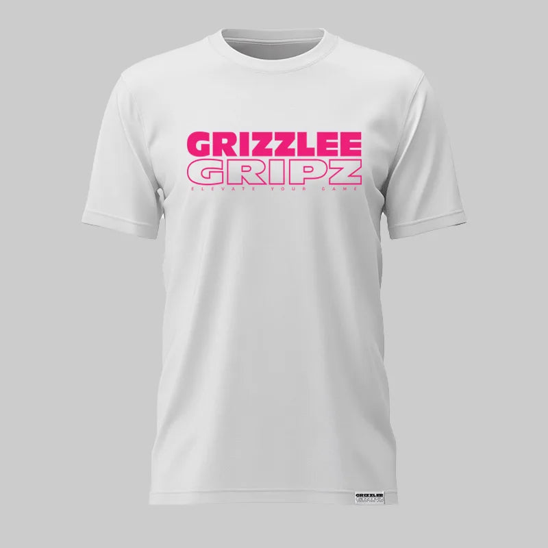 White t-shirt with neon pink 'GRIZZLEE GRIPZ' text on a gray background