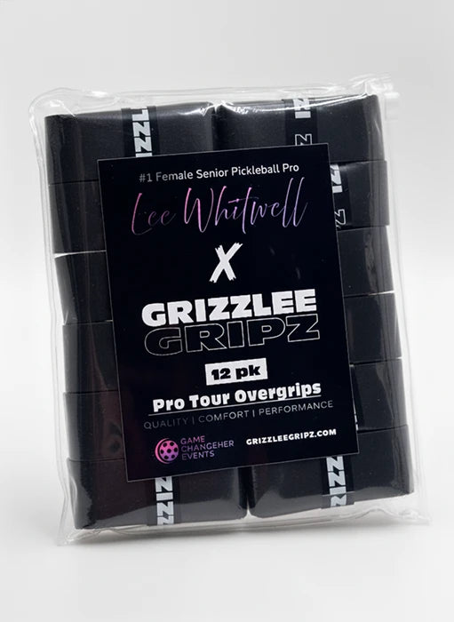 Pack of Black Pro tour Grizzlee Gripz pickleball overgrips with Lee Whitwell branding on a white background