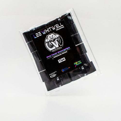 Pack of Black Pro tour Grizzlee Gripz pickleball overgrips with Lee Whitwell branding on a white background