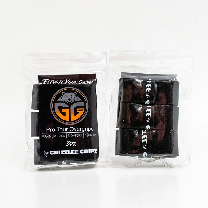 2 Black Grizzlee Gripz packs side by side showing the label on one and the 3 grips on the other on a white background. Performance and Premium Top Rated Overgrips like no other.