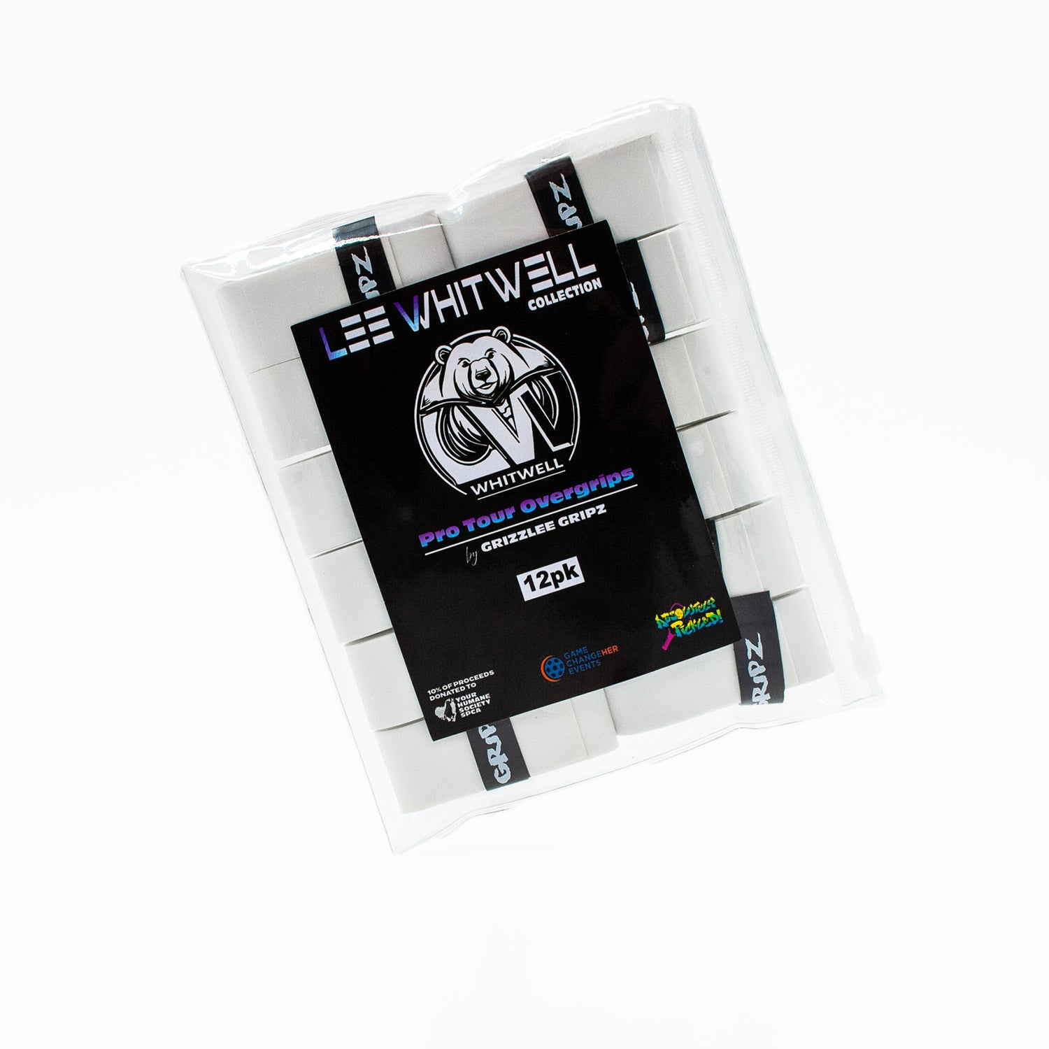 Pack of White Pro Tour Grizzlee Gripz pickleball overgrips with Lee Whitwell branding on a white background