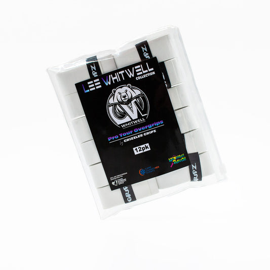 Lee Whitwell Collection of 12 Bright white pickleball-tennis overgrips in a plastic zip bag on a white background. Grizzlee Gripz performance on and off the court.