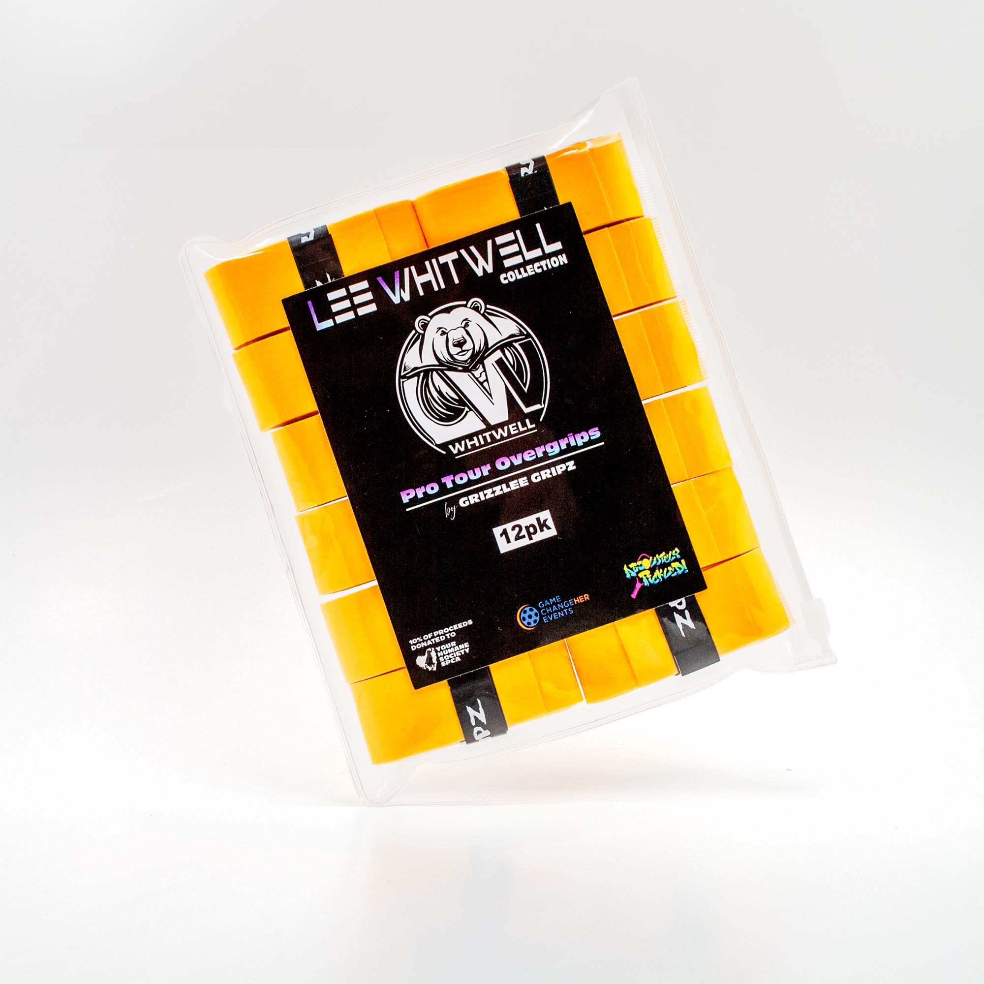 Pack of Yellow Grizzlee Gripz pickleball overgrips with Lee Whitwell branding on a white background