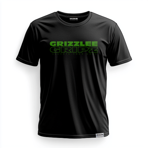Black Grizzlee Gripz performance t-shirt with green branding, designed for pickleball and tennis players, ultra-soft and moisture-wicking athletic apparel