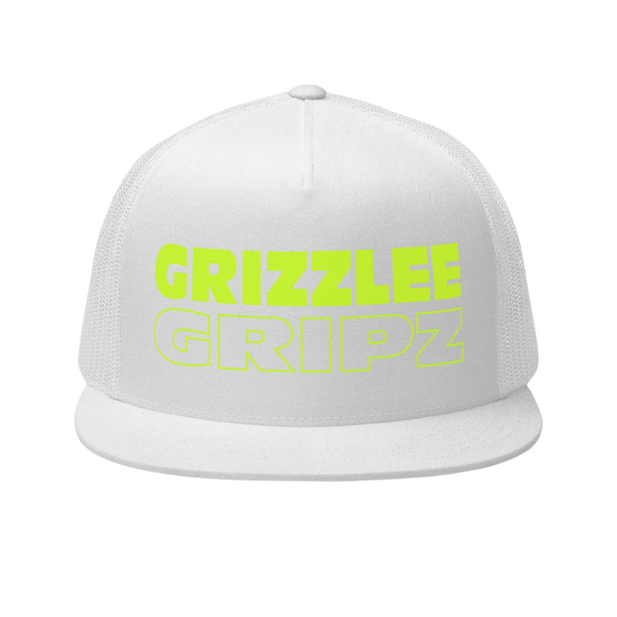Front grizzlee gripz branding on a white trucker snap back hat by Grizzlee Gripz 