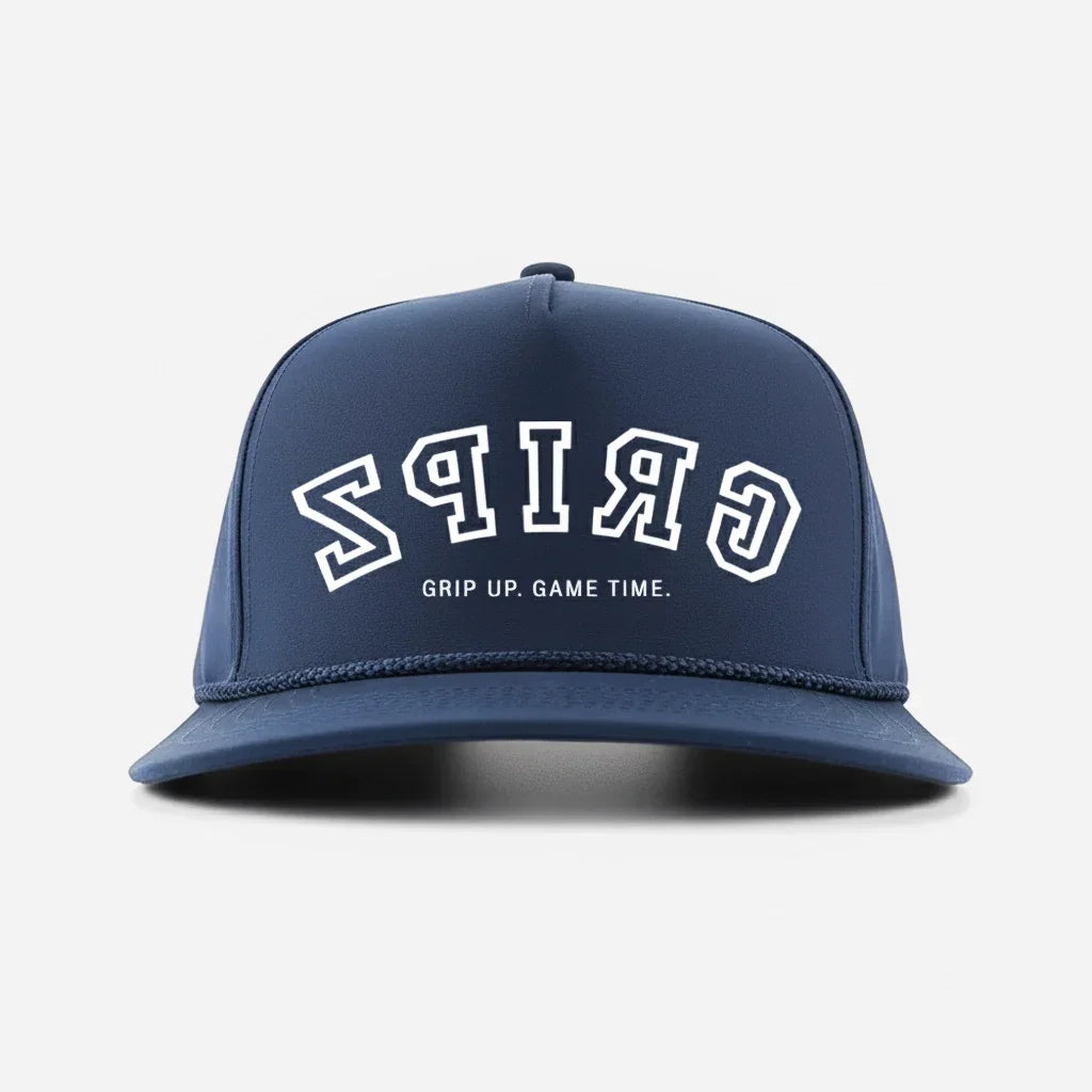 Navy Blue Rope Hat with white text on a light gray background