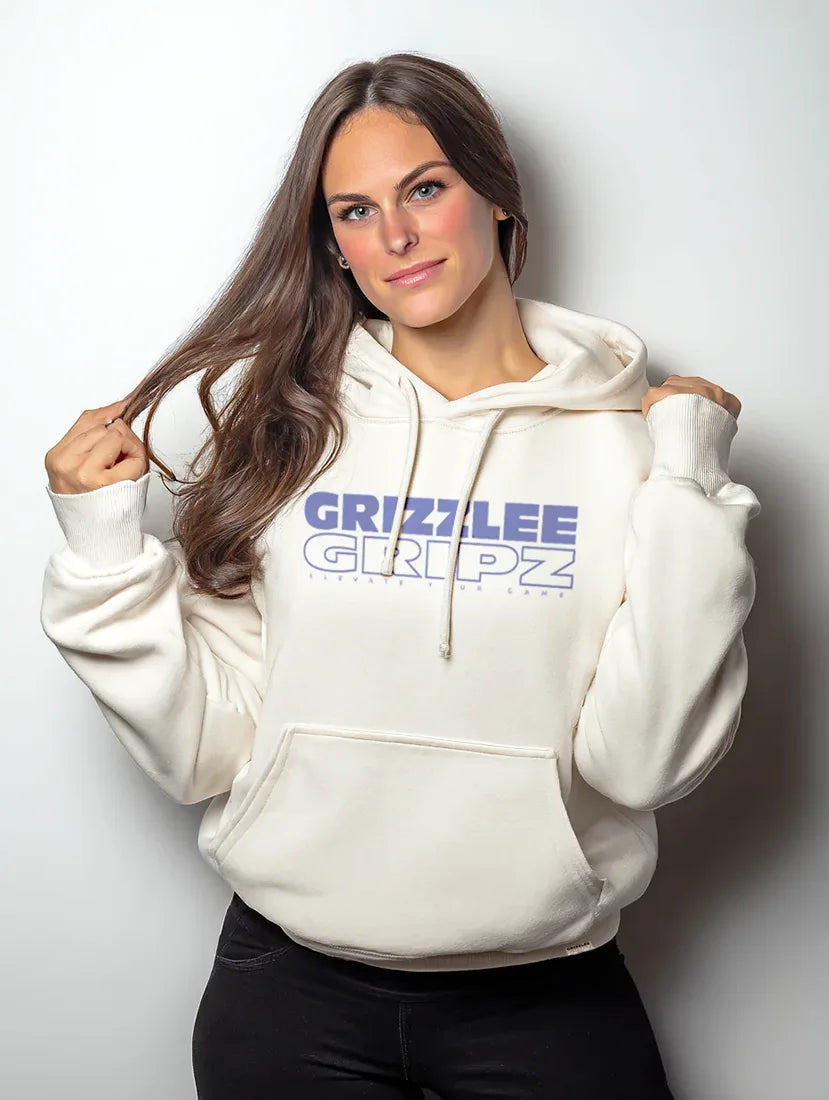 Sweat Cream hoodie with 'GRIZZLEE GRIPZ' text on a white background