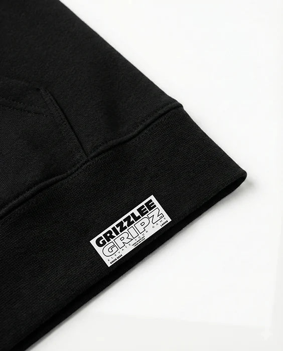 Black sweatshirt with a visible brand label on a white background