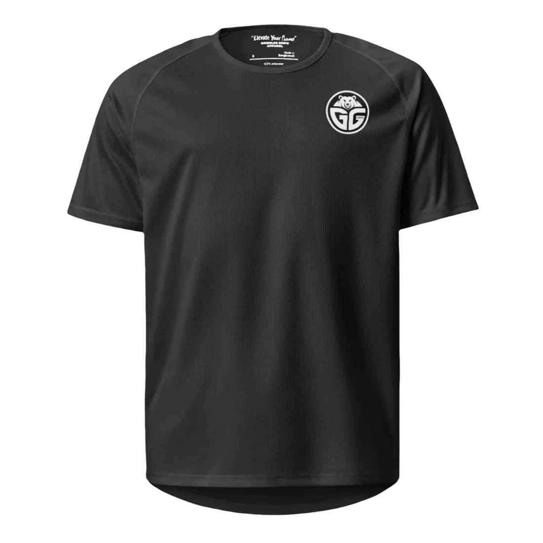 Image of the Grizzlee Gripz Iconic Spine Logo Court T-shirt, showcasing a black polyester mesh jersey with a bold spine logo and front circle logo, designed for pickleball performance, displayed against a clean white background.