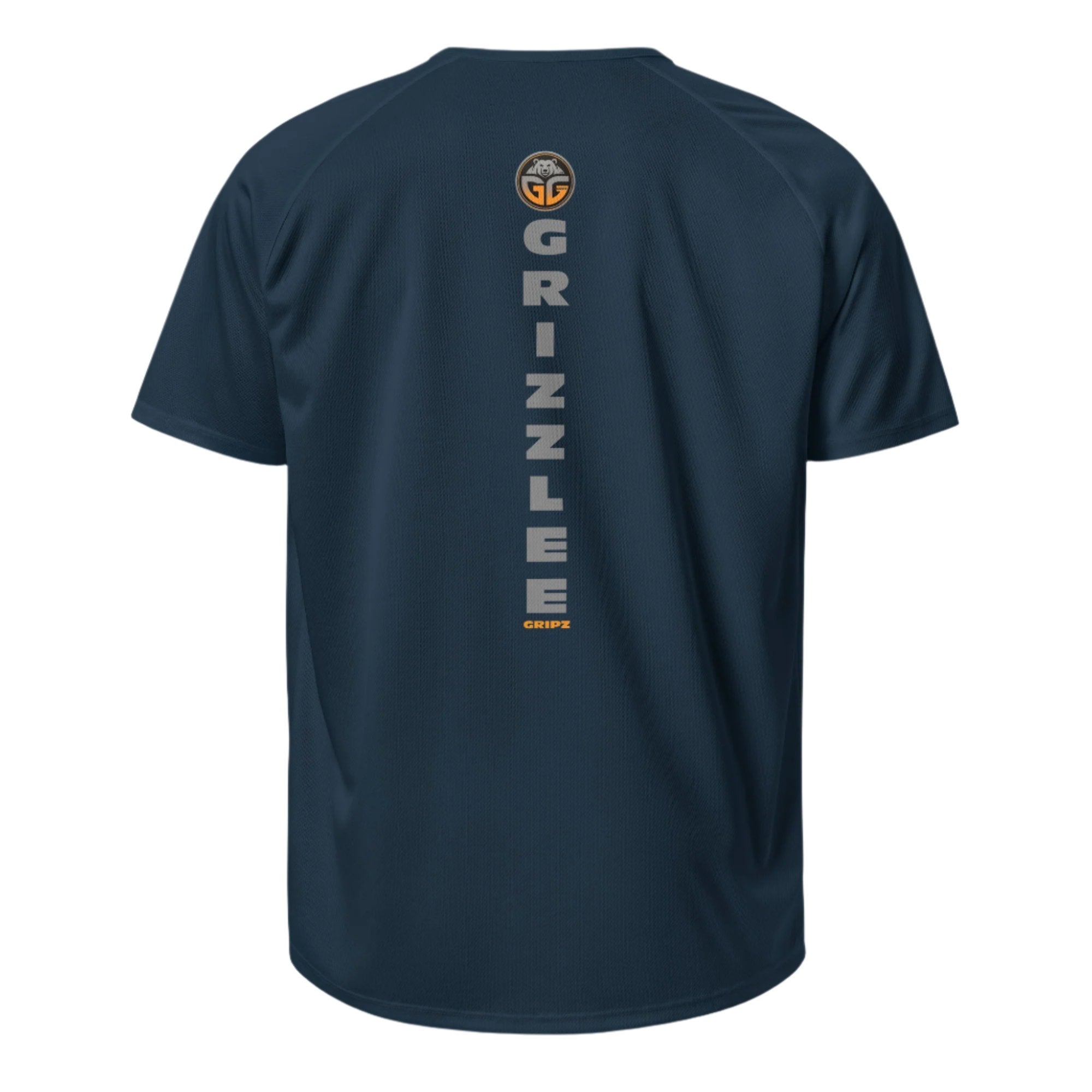 Grizzlee Gripz | Premium Navy Blue On Court Playing T-shirt back logo in gray and orange lettering
