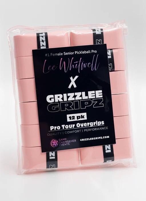 Pack of Light pink pickleball overgrips with Grizzlee Gripz branding on a white background
