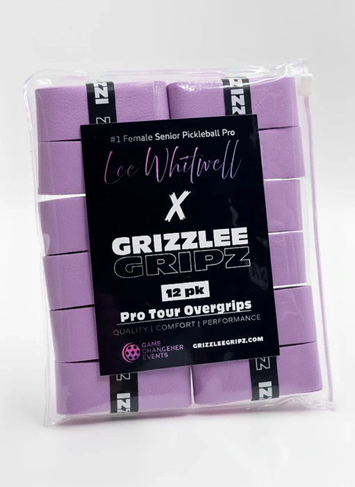 Pack of Light purple pickleball overgrips with Grizzlee Gripz packaging on a white background