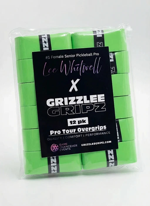Pack of Lime green pickleball overgrips with Grizzlee Gripz branding on a white background