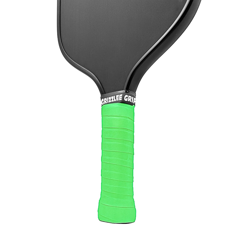 grizzlee gripz lime green overgrips on a black paddle - quality pickleball over grips useed for tennis, padel, pickleball and badminton