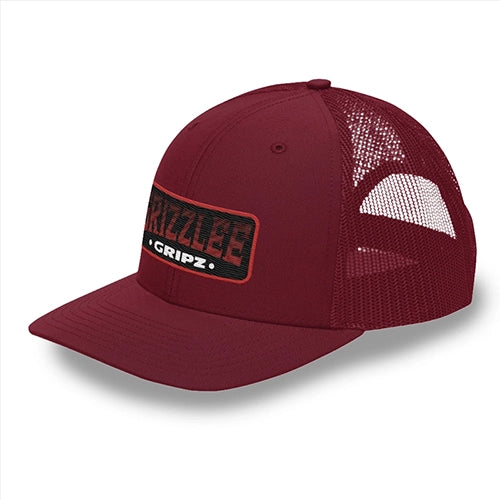 Maroon snap back trucker hat embroidered badge logo on the front by Grizzlee Gripz. Unmatched apparle on and off the court