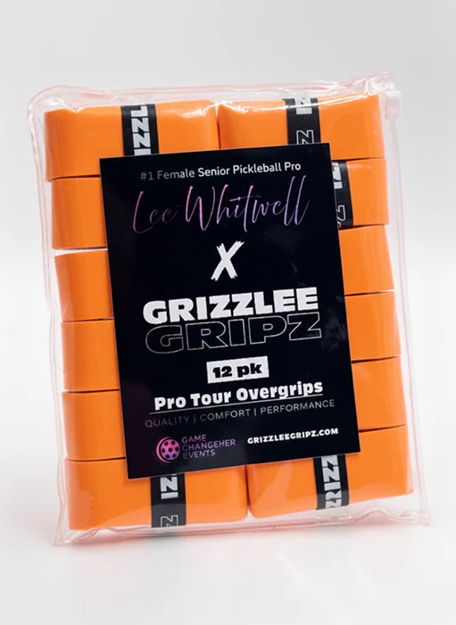 Pack of Neon Orange Grizzlee Gripz pickleball overgrips with Lee Whitwell branding on a white background