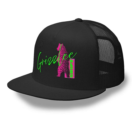 black trucker snap-back hat with neon green and pink grizzly bear logo by Grizzlee Gripz. Made for fashion on and off the court