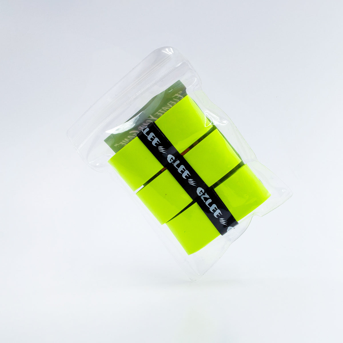 1 pack of 3 Neon Yellow by Grizzlee Gripz portrait style , tilted at an angle highlighting the 3 grips that are in a plastic bag