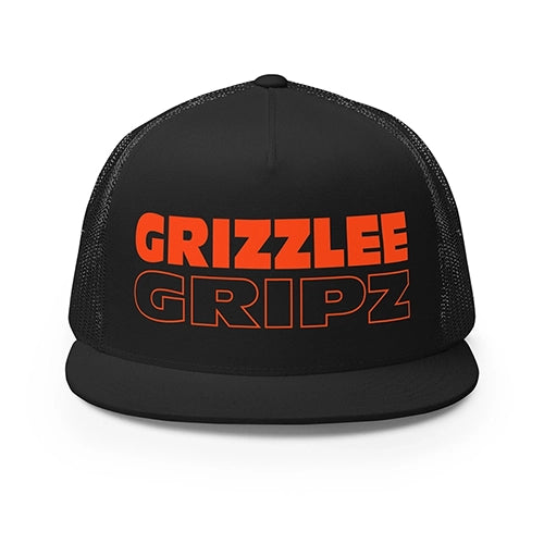 black snapback hat with neon red large logo grizzlee gripz wording on the front