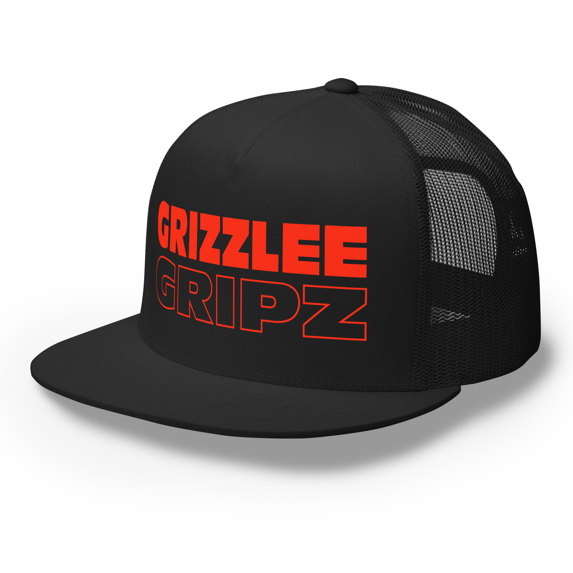 grizzlee gripz black trucker hat with neon red DTF print