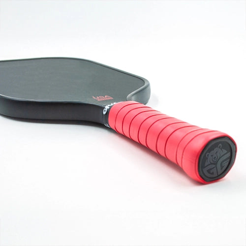 Step-by-step installation of a Red Grizzlee Gripz Overgrip on a pickleball paddle handle, illustrating the easy application process of this premium pickleball overgrip for lasting durability.

