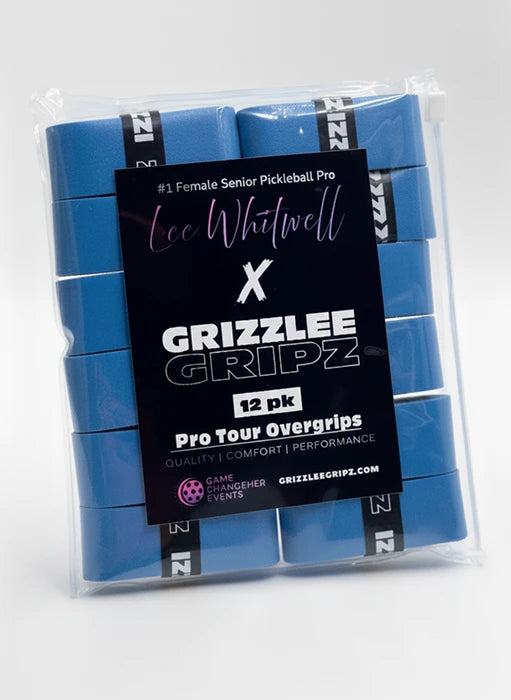 Pack of blue pickleball overgrips with Grizzlee Gripz branding on a white background