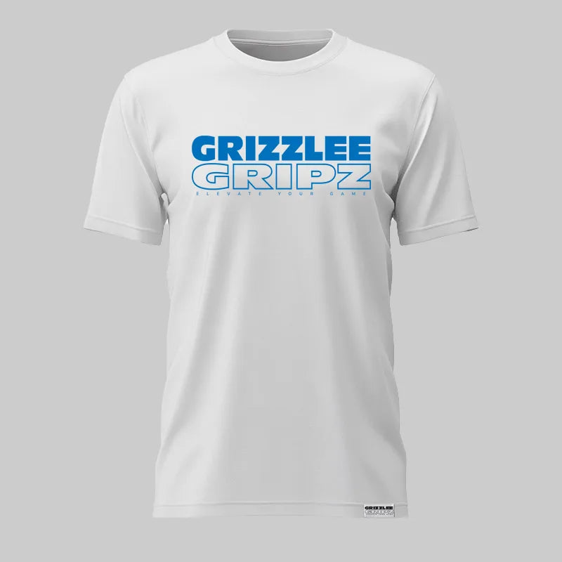 White t-shirt with 'Grizzlee Gripz' Black logo on a gray background