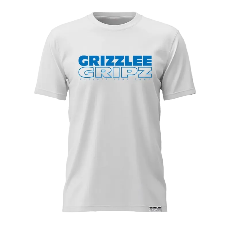 White t-shirt with 'GRIZZLEE GRIPZ' Indie Blue printed in blue on a gray background