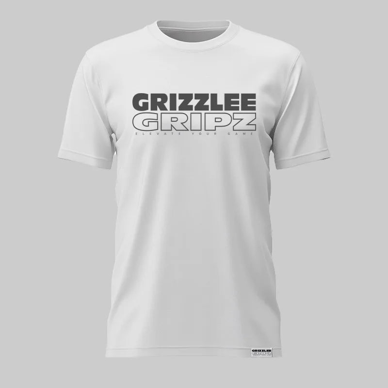 White t-shirt with 'GRIZZLEE GRIPZ' Steel Grey logo on a gray background