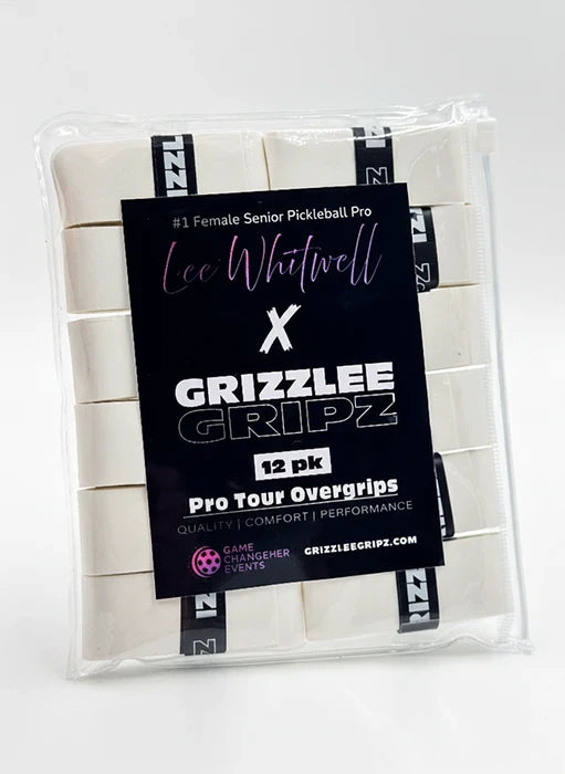 Pack of White Pro Tour Grizzlee Gripz pickleball overgrips with Lee Whitwell branding on a white background