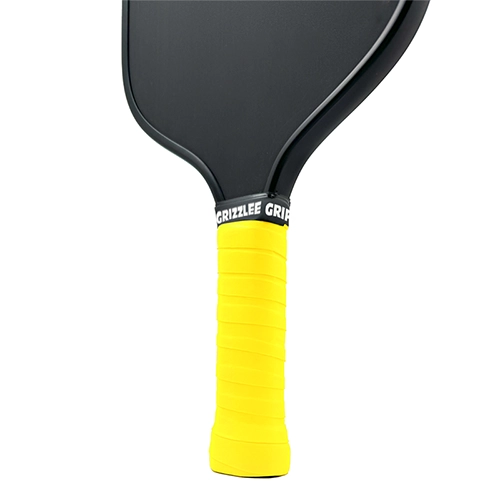 Bright yellow pickleball paddle overgrip and 'Grizzlee Gripz' branding on a gray background