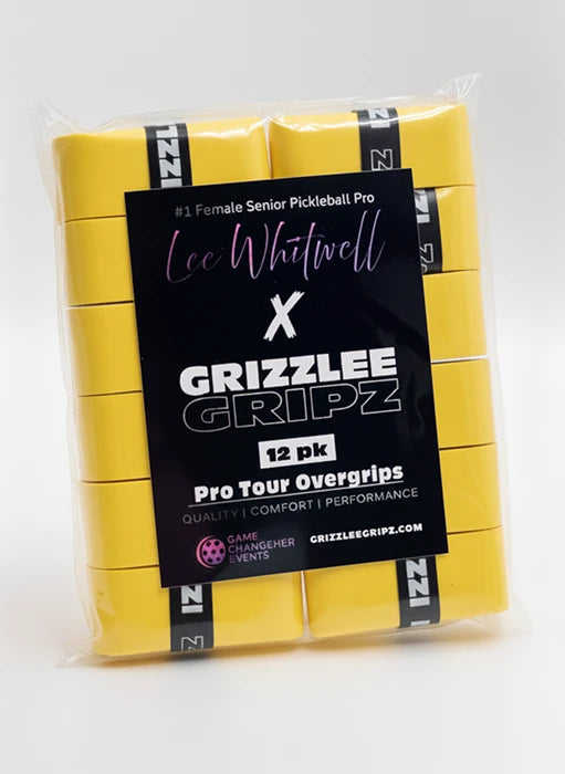 Pack of Yellow Grizzlee Gripz pickleball overgrips with Lee Whitwell branding on a white background