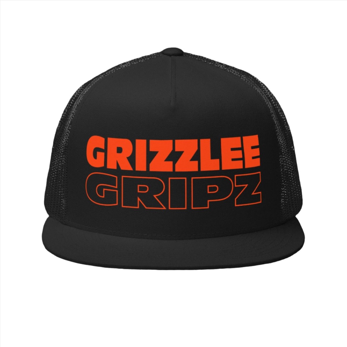 black snapback hat with neon orange large logo grizzlee gripz wording on the front