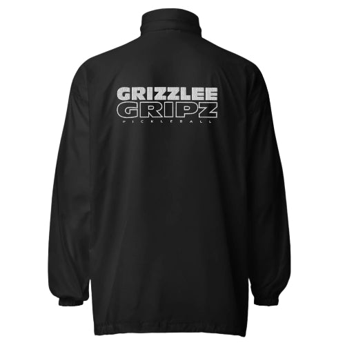 black windbreaker with team grizzlee gripz logo in white on front chest