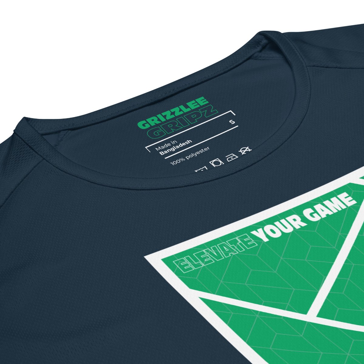 Grizzlee gripz green colored label logo navy blue t-shirt inside