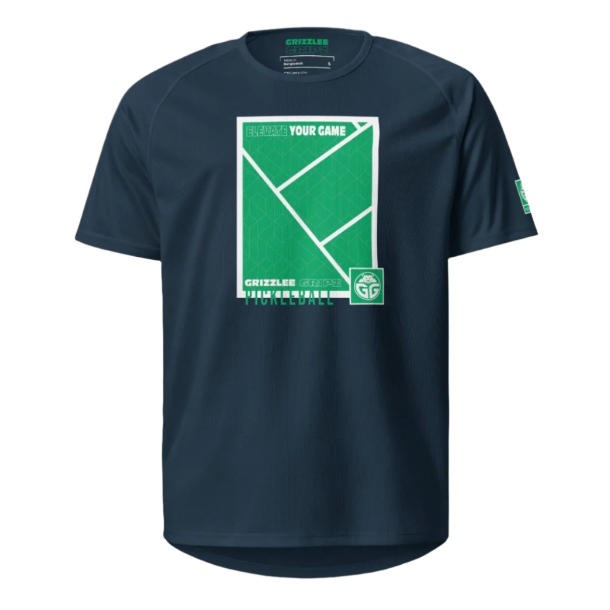 Grizzlee Gripz black breathable court shirt with green and white court lines logo on the front