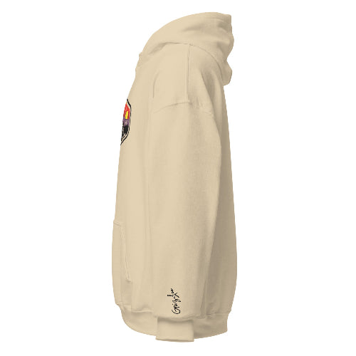 grizzlee gripz sunset sand hoodie front logo across chest with left arm embroidered grizzlee