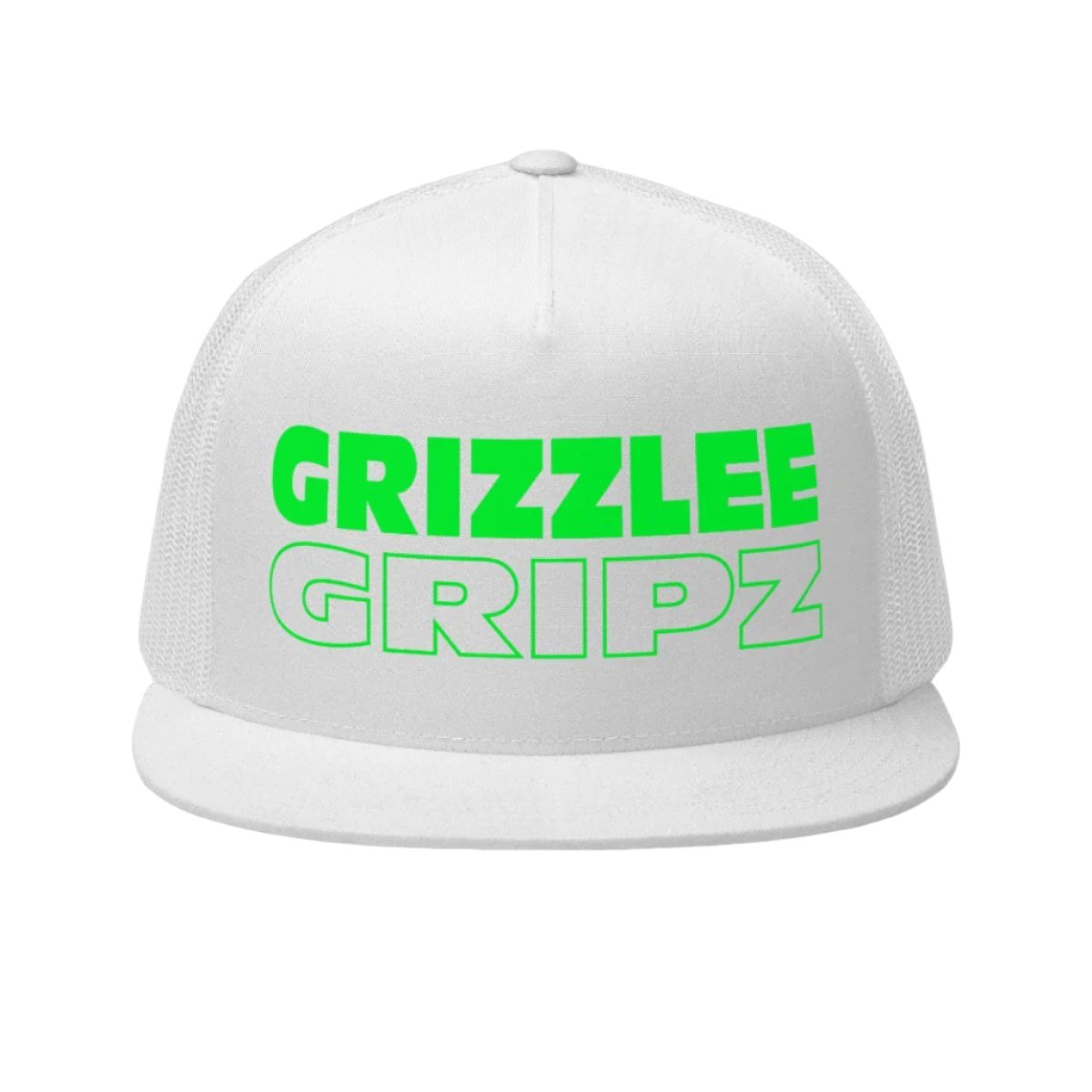 white snapback hat neon green wording grizzlee gripz on the front